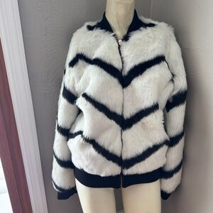 Say What? chevron-printed faux-fur bomber jacket in black&white. Small